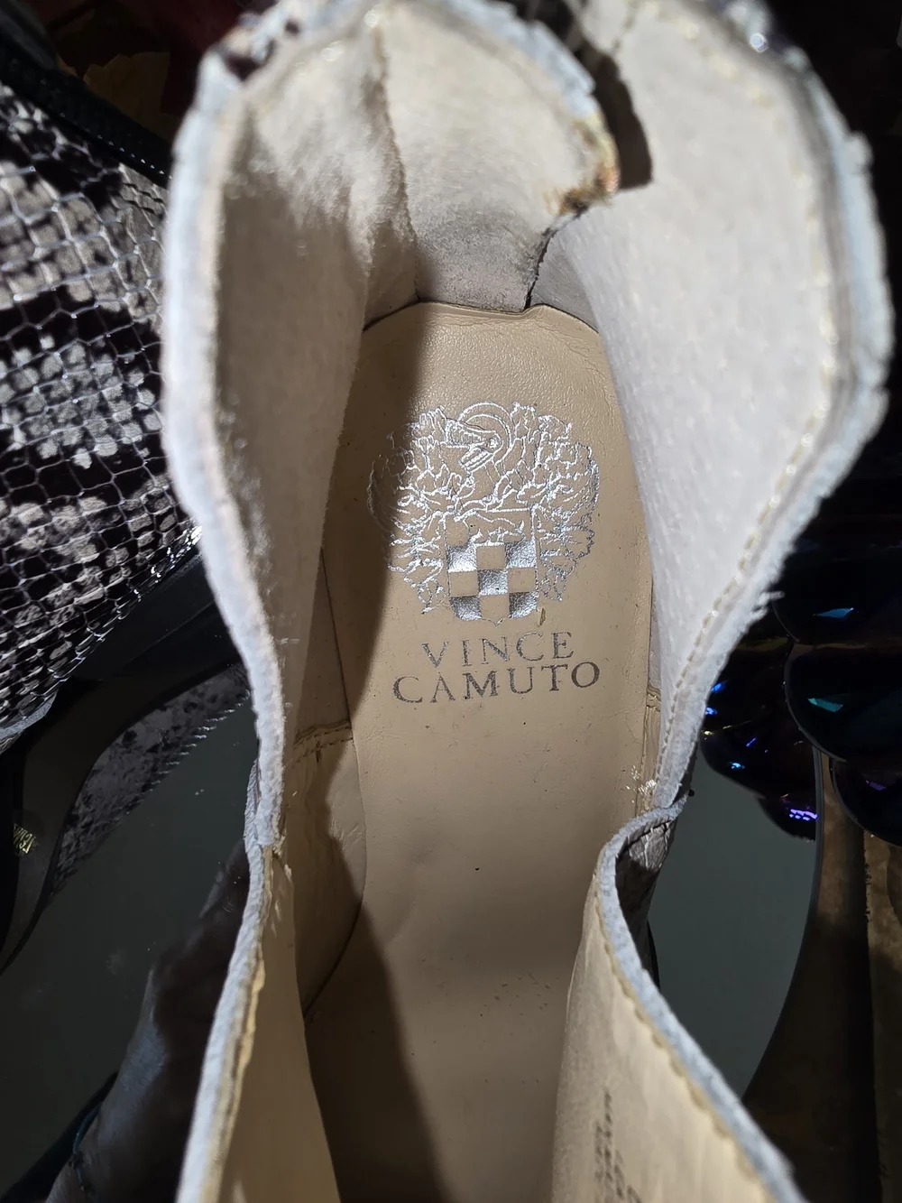 Vince Camuto Black & Cream Snake-Print Pointed Ankle Boots